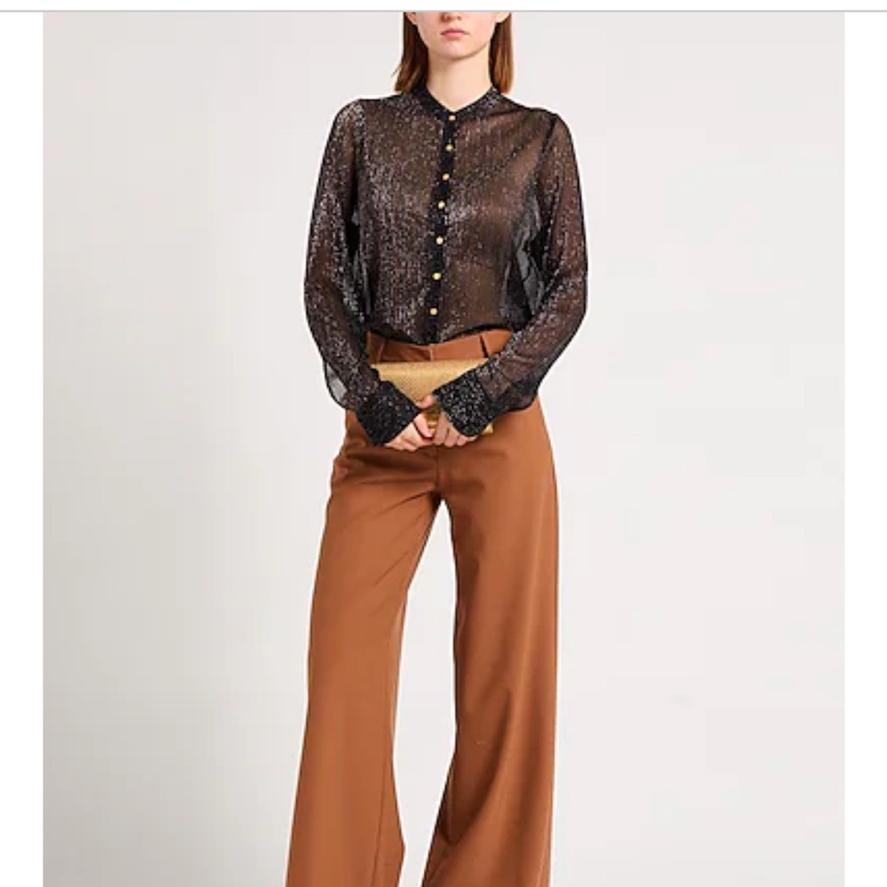 NWT ZADIG  & VOLTAIRE Tino Lurex Long Sleeve Metallic Black Sheer Button Down L